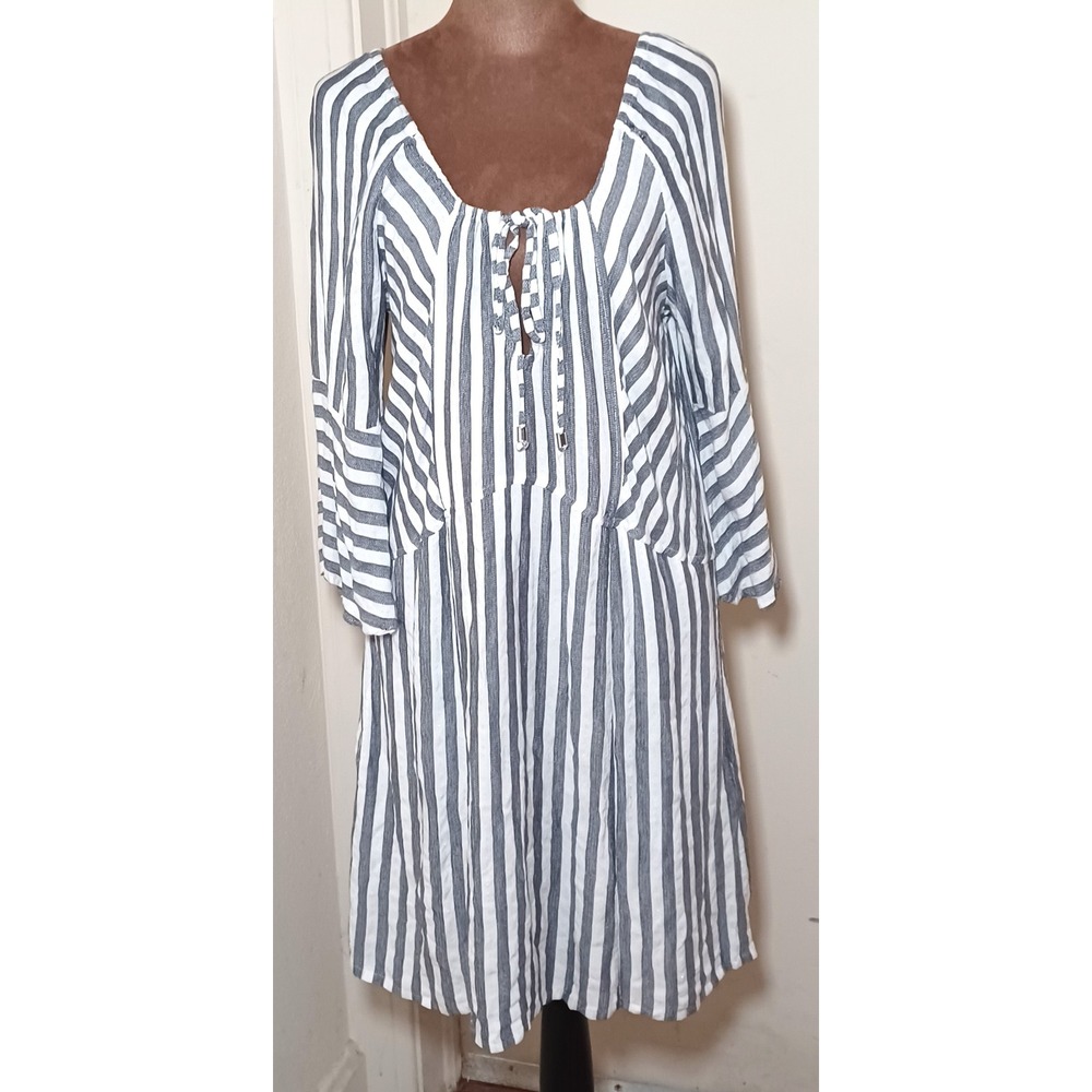 Blue Island Sz L Navy White Striped Boho Bell Sleeve Mini Dress Cover Up‎ Beach